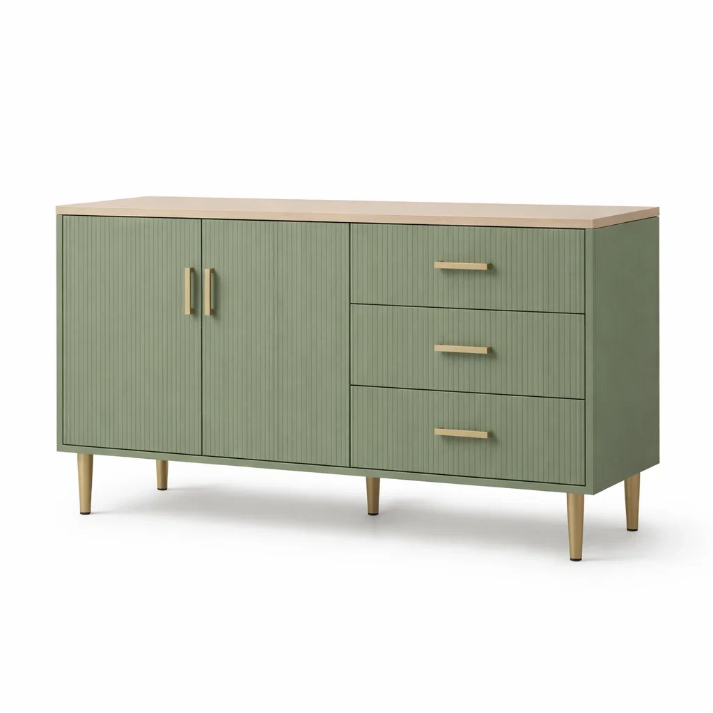Credenza in Legno MDF e Metallo Verde con Ante e Cassetti-NOOKLUXZ