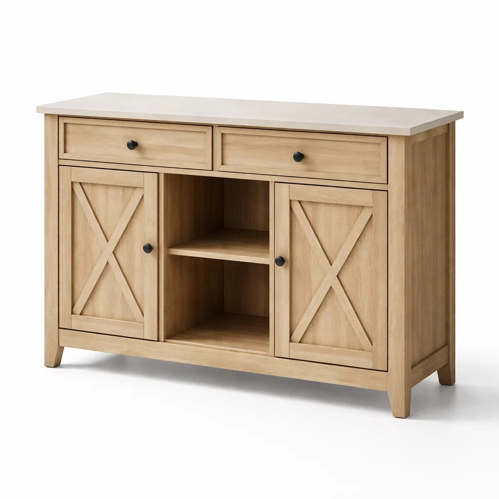 Credenza in Legno MDF Quercia Naturale con Ripiani e Cassetti-NOOKLUXZ