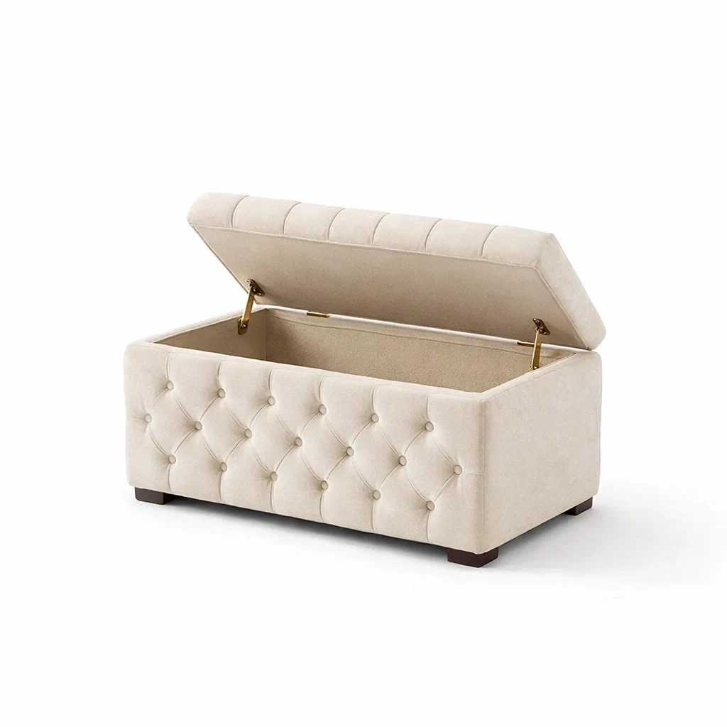 Panca contenitore Rettangolare in Legno e Poliestere Beige-NOOKLUXZ