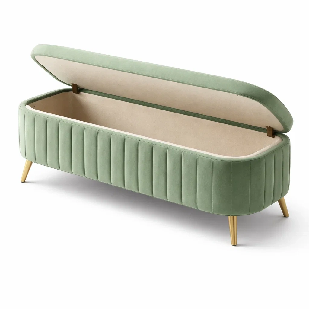 Panca contenitore in Velluto Verde con Gambe in Metallo Dorato-NOOKLUXZ