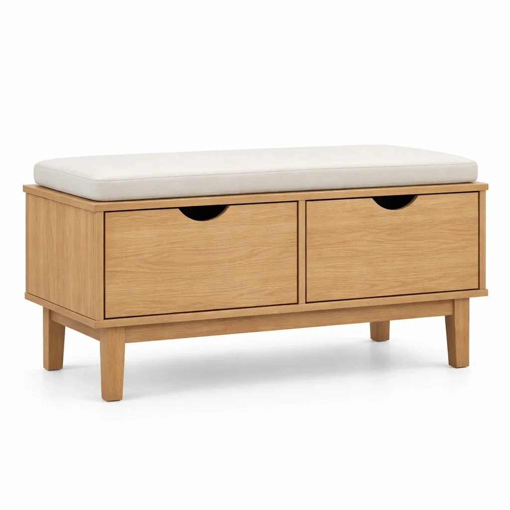 Panca contenitore in Rovere con Cuscino Bianco e Cassetti-NOOKLUXZ