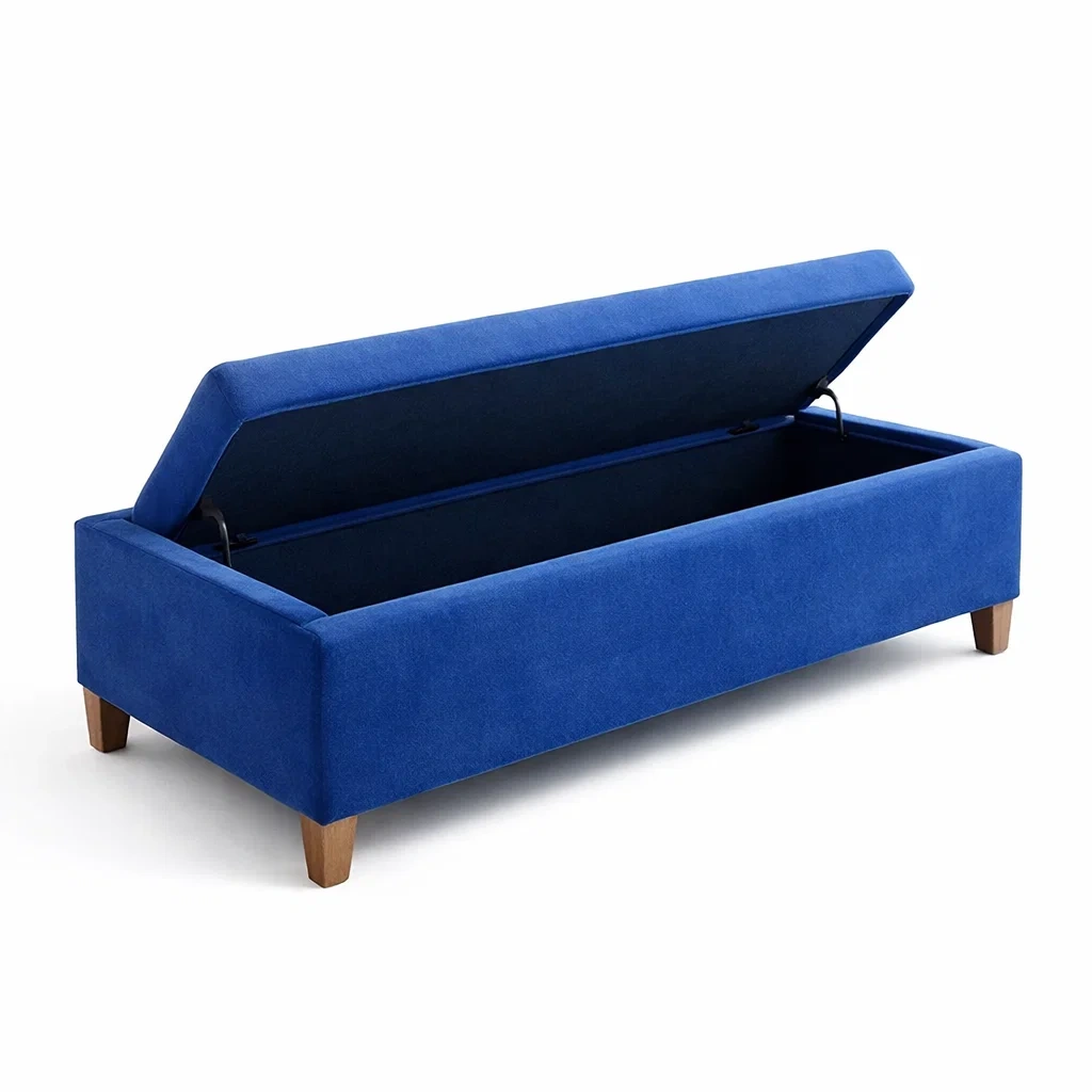 Panca contenitore in Legno e Velluto Blu-NOOKLUXZ