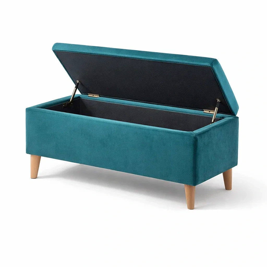 Panca contenitore in Velluto Blu con Gambe in Legno-NOOKLUXZ