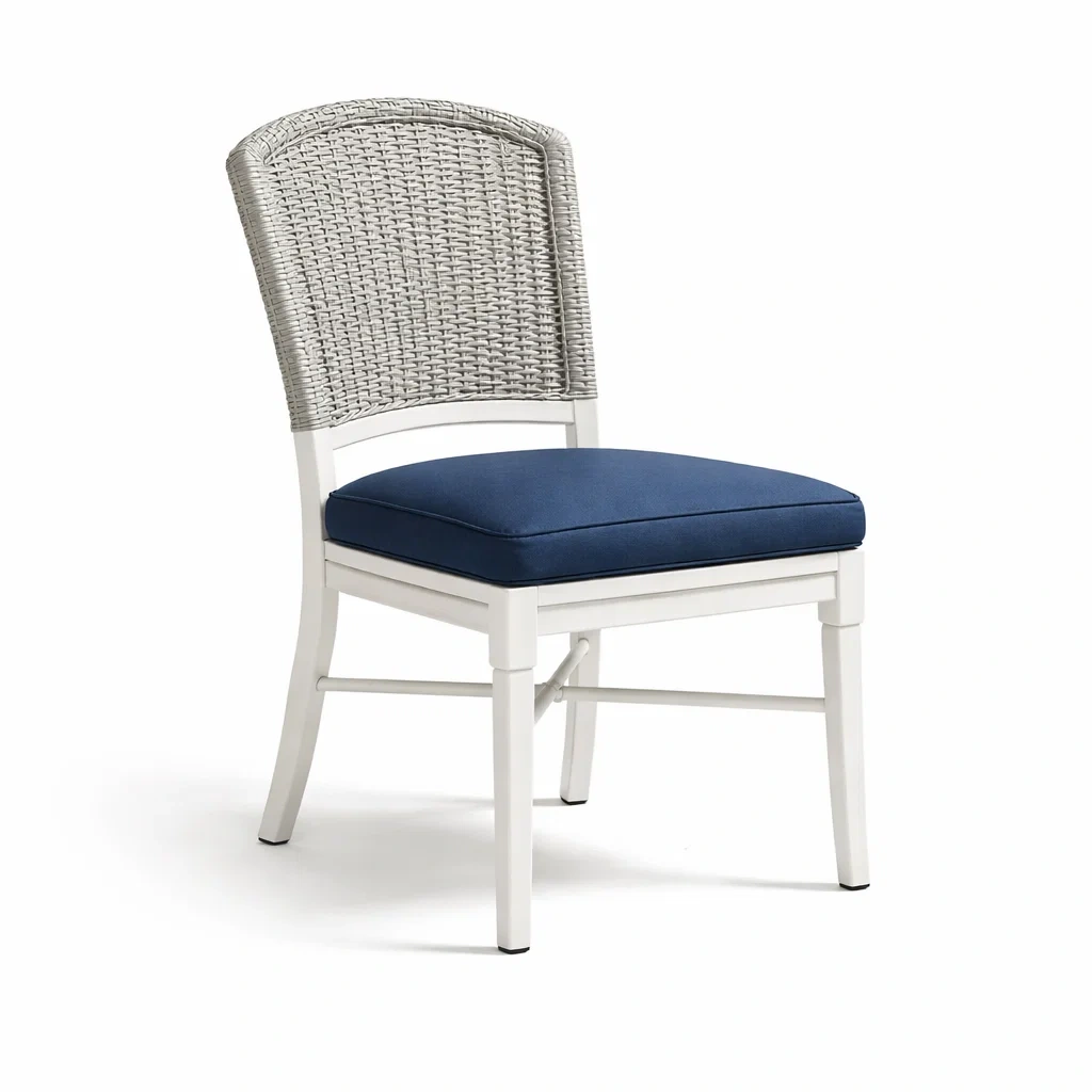 Sedia da pranzo in Metallo Bianco con Rattan e Cuscino Blu-NOOKLUXZ