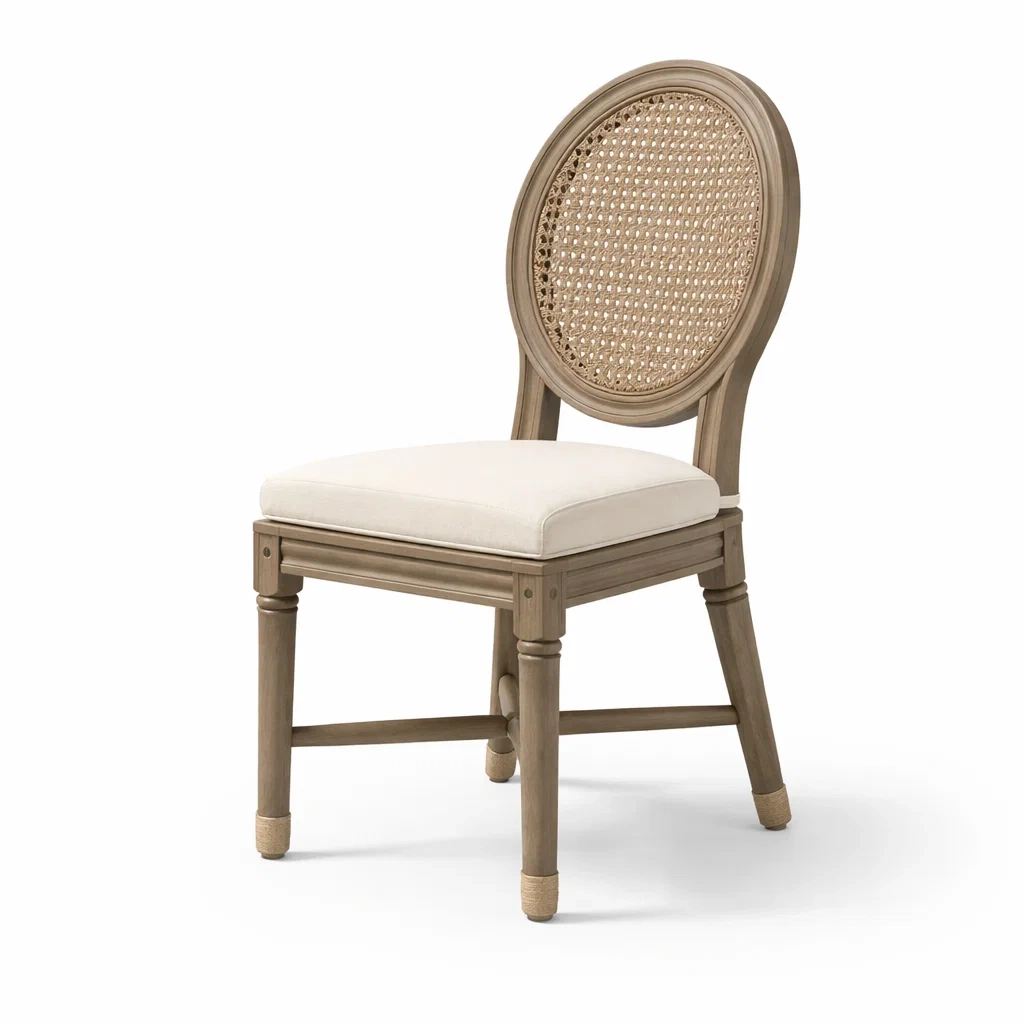 Sedia da pranzo in Legno con Schienale in Rattan e Seduta in Poliestere-NOOKLUXZ