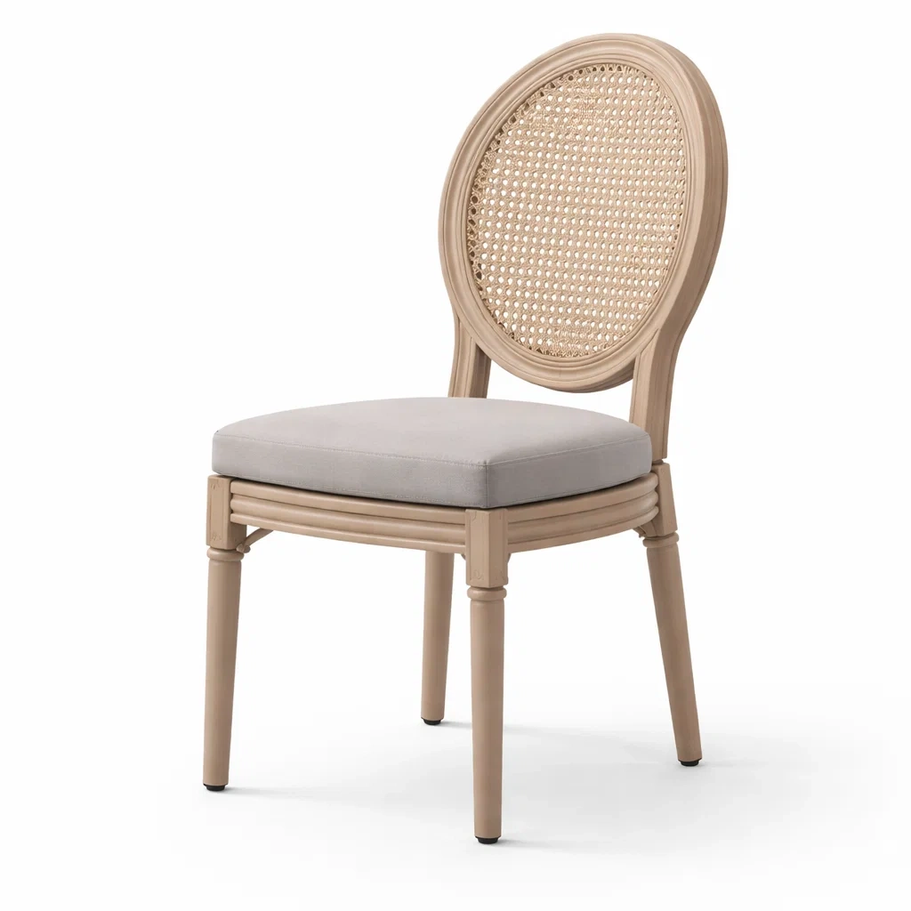 Sedia da pranzo in Legno con Schienale in Rattan e Seduta in Tessuto-NOOKLUXZ