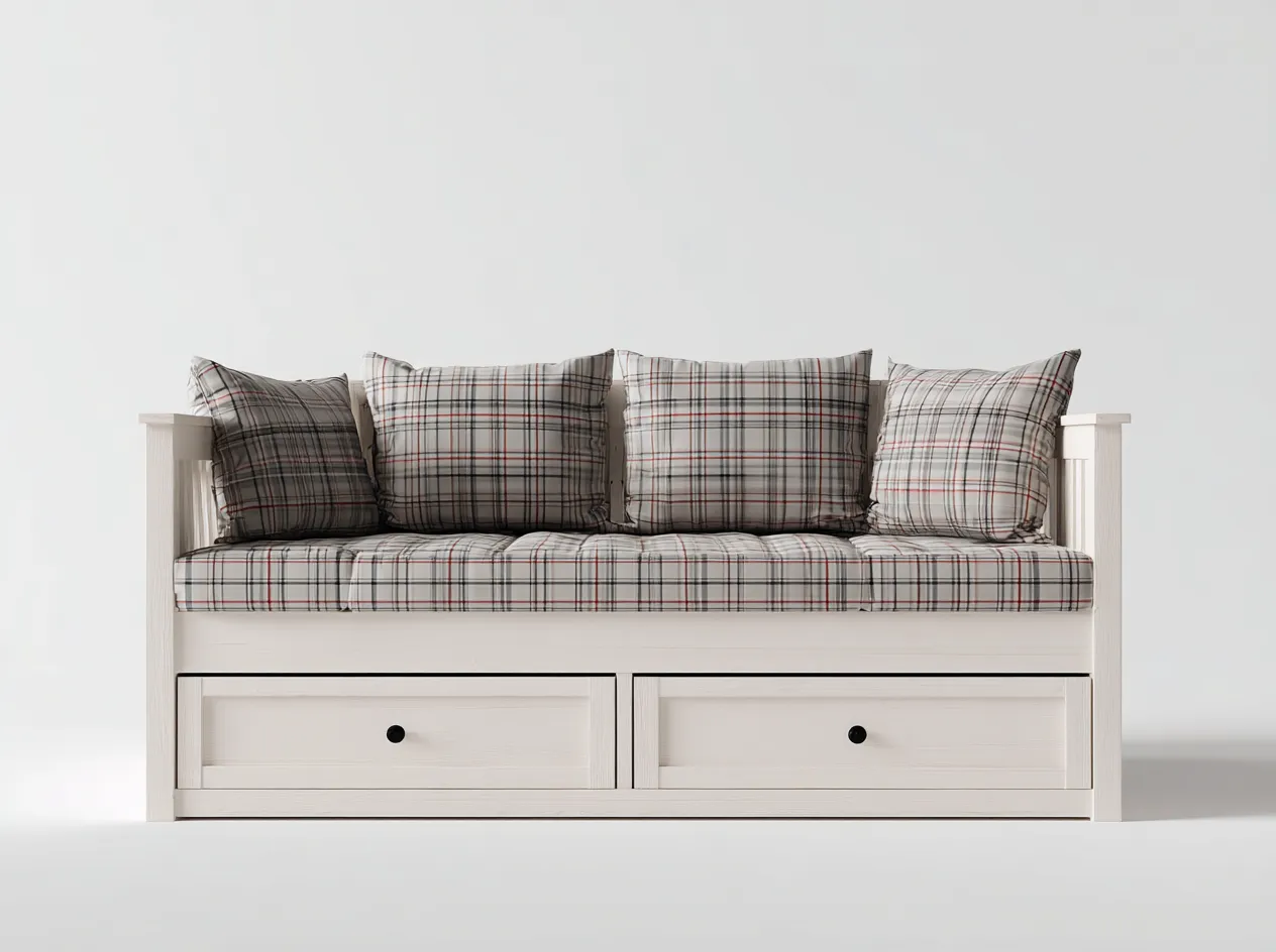 Canapé lit en bois et tissu pour chambre 190x85x75 cm - blanc et motif à carreaux - style classique-Pineuphaus