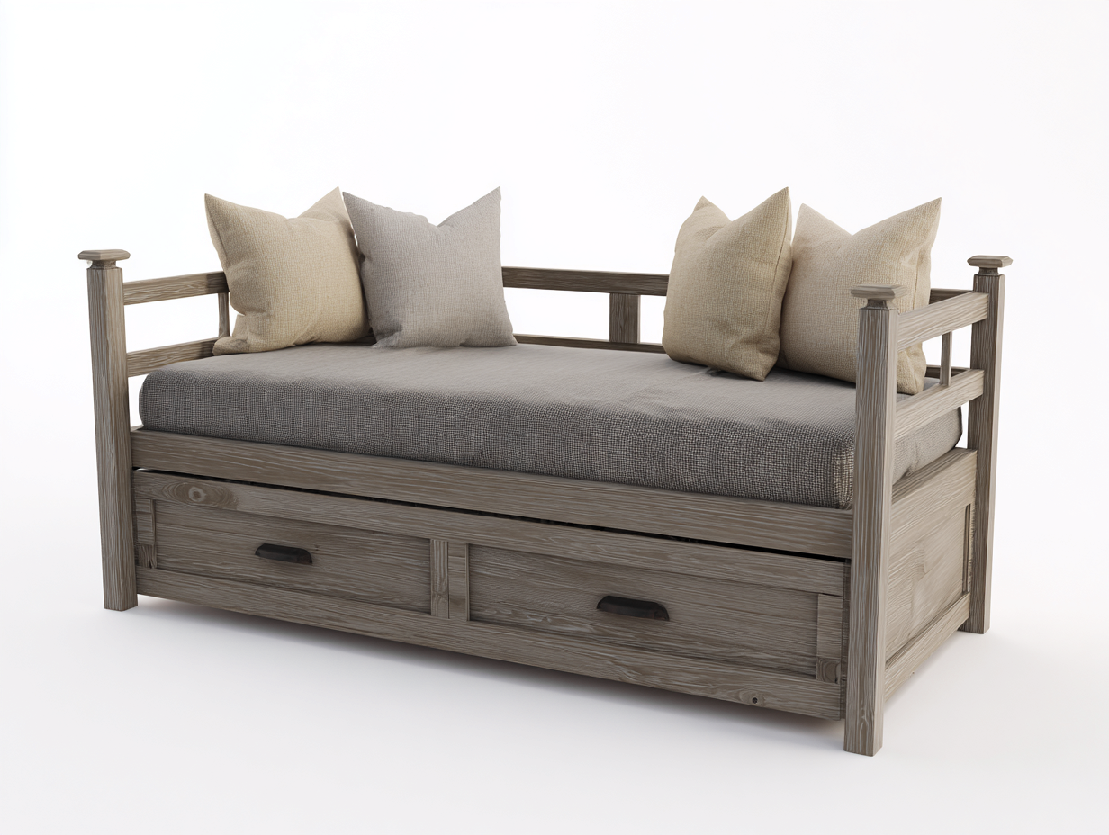 Canapé lit en bois et tissu pour chambre 190x85x75 cm - bois vieilli et gris - style rustique-Pineuphaus