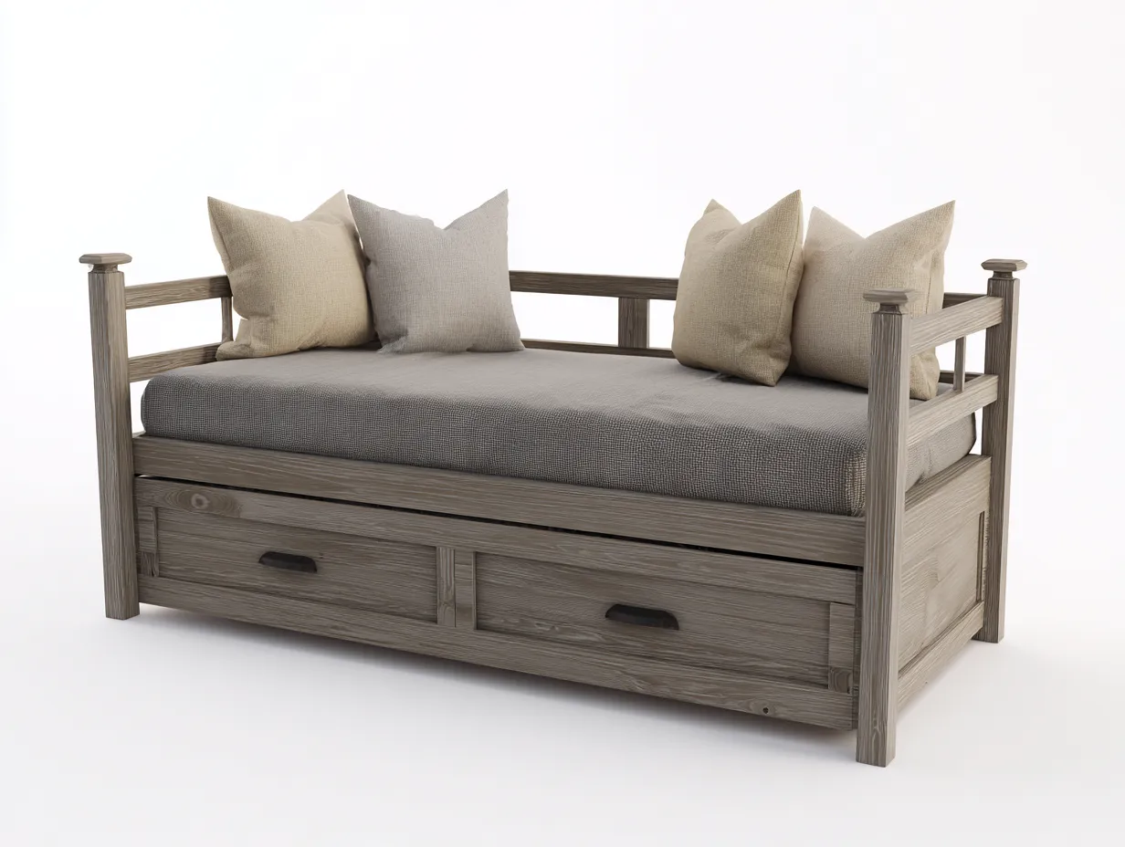 Canapé lit en bois et tissu pour chambre 190x85x75 cm - bois vieilli et gris - style rustique-Pineuphaus