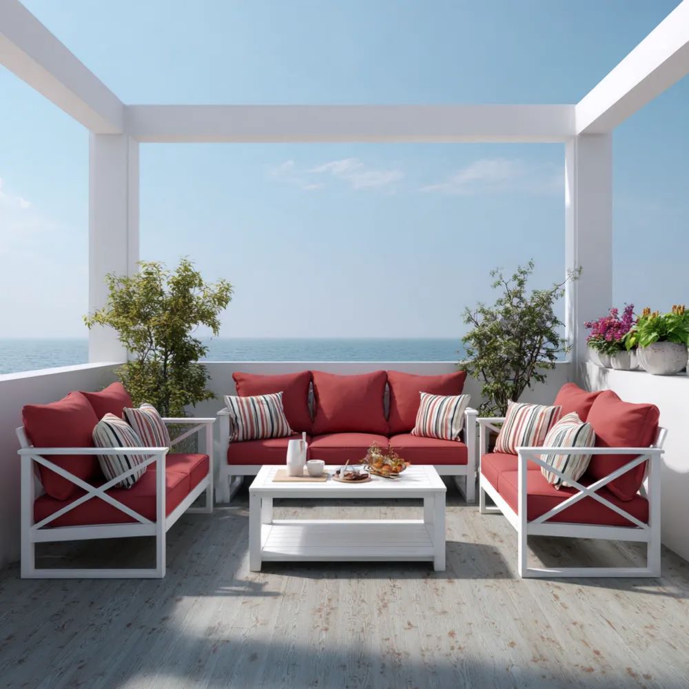 Set di divani da esterno in metallo e tessuto 120x80x70 cm, 180x80x70 cm, 100x50x40 cm - Rosso/Bianco