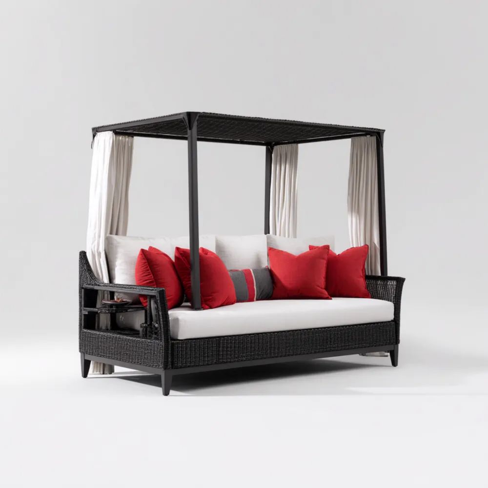 Lettino prendisole in rattan 200x160x180 cm con struttura Nera e cuscini Bianchi e Rossi - Design moderno