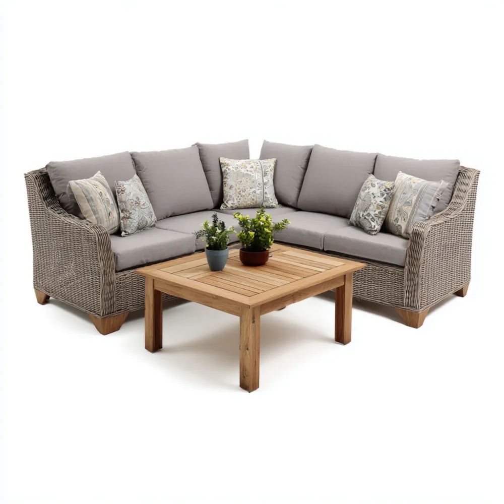 Set di divani angolare per esterno in rattan e legno 200x200 cm con tavolo 90x90x40 cm - Grigio