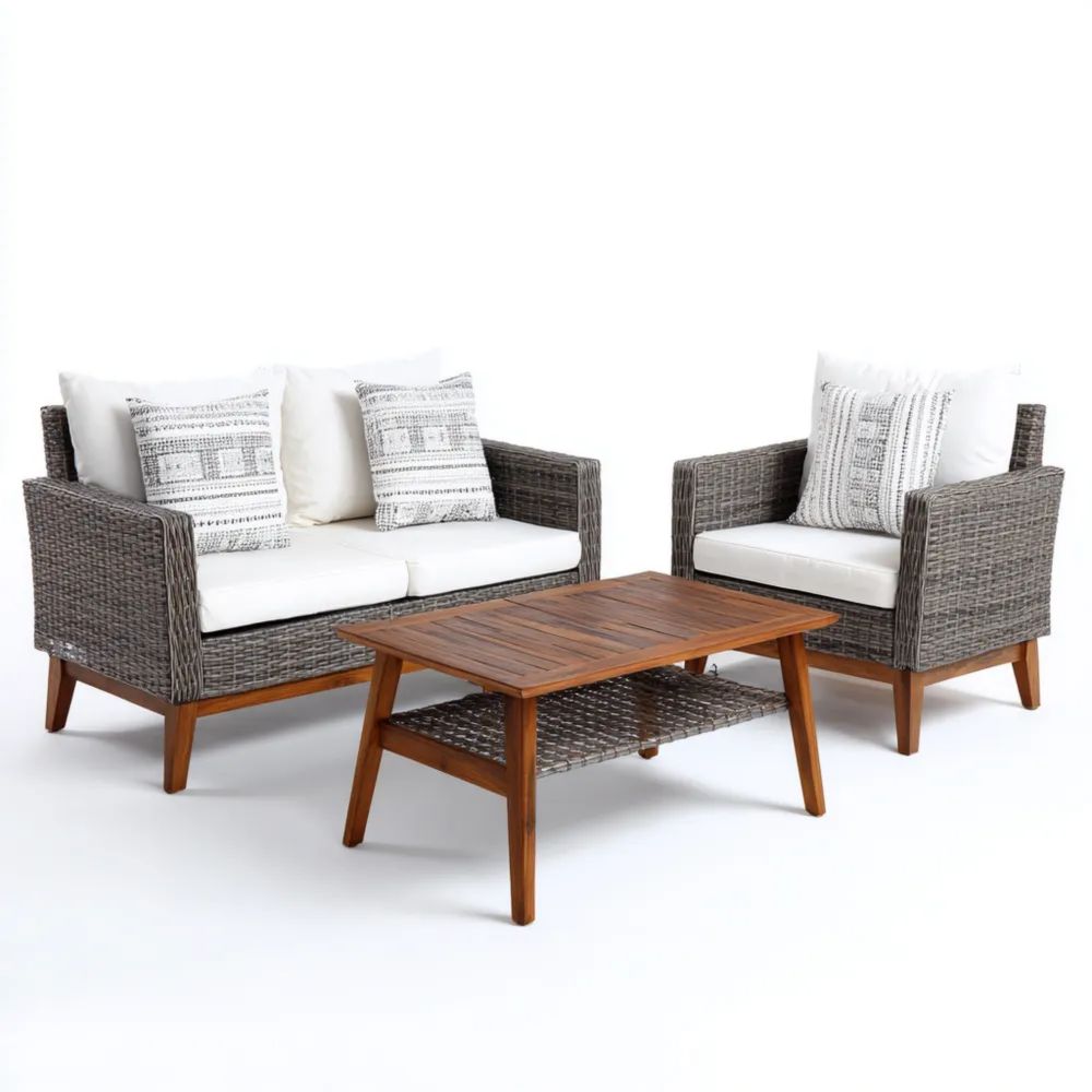 Set di divani da esterno in rattan 120x70x75 cm con cuscini imbottiti - Grigio/Bianco - Design moderno