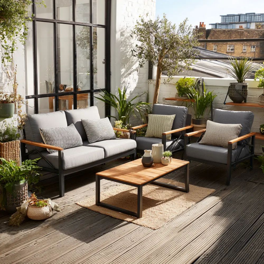 Set di divani da esterno in metallo e legno 200x80x75 cm - Grigio - Design Moderno