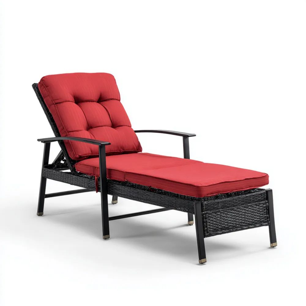 Lettino Prendisole Rattan 196x65x90 cm con Cuscino Rosso – Design Elegante