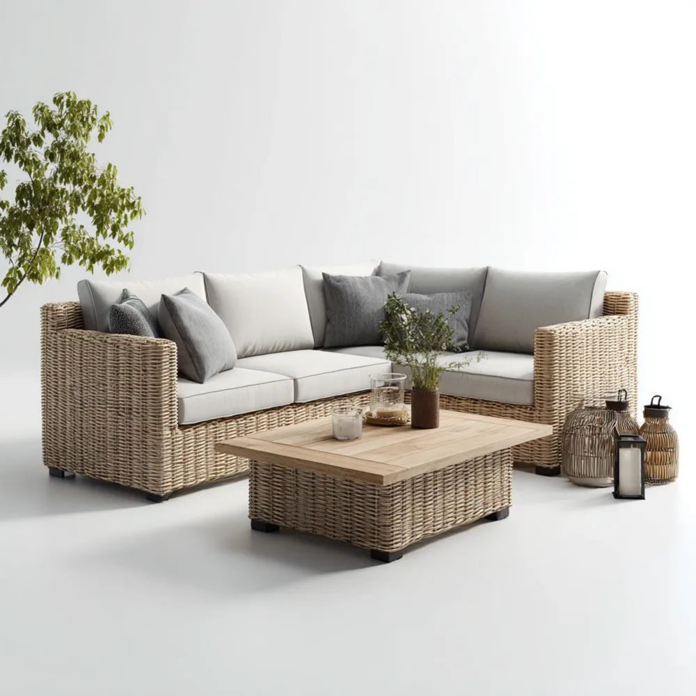 Set di divani da esterno in rattan 200x200x75 cm – Beige/Grigio – Design moderno