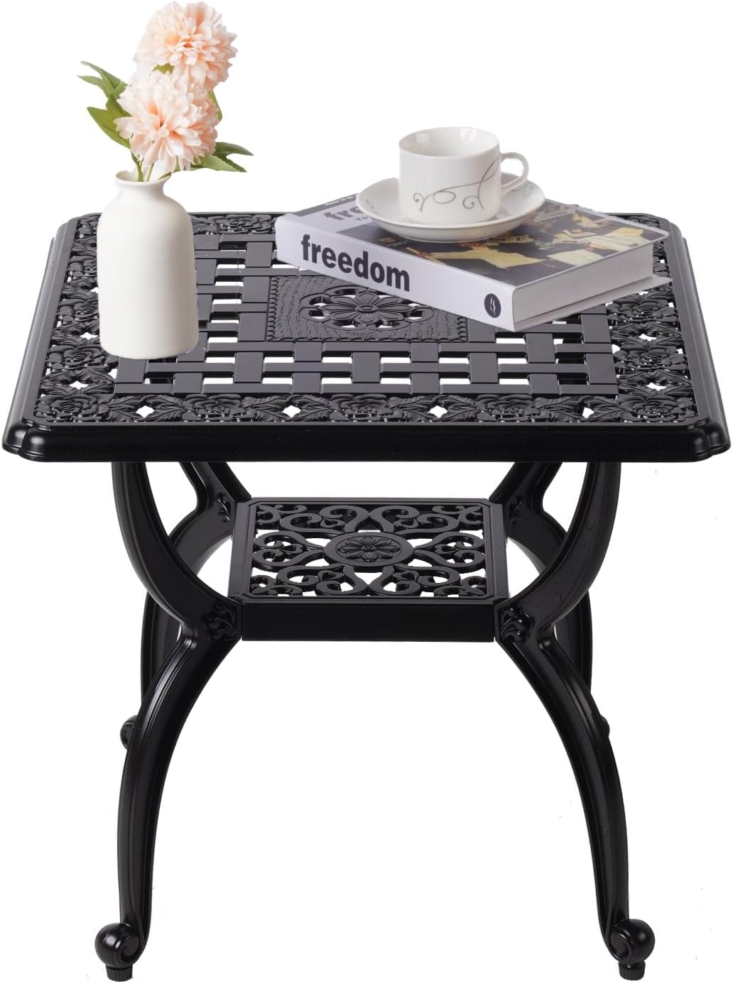 Cast Aluminum Outdoor Side Table,Small Patio Table,Outdoor Coffee Tables for Patio,Garden,Balcony, for All Weather (Black, Round)