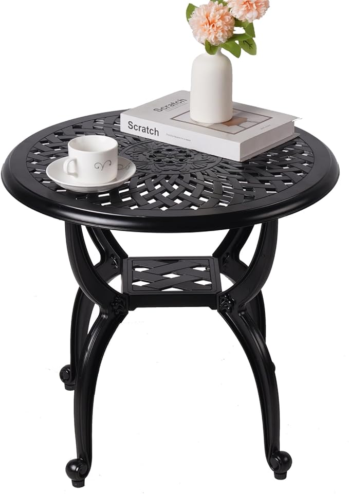 Cast Aluminum Outdoor Side Table,Small Patio Table,Outdoor Coffee Tables for Patio,Garden,Balcony, for All Weather (Black, Round)