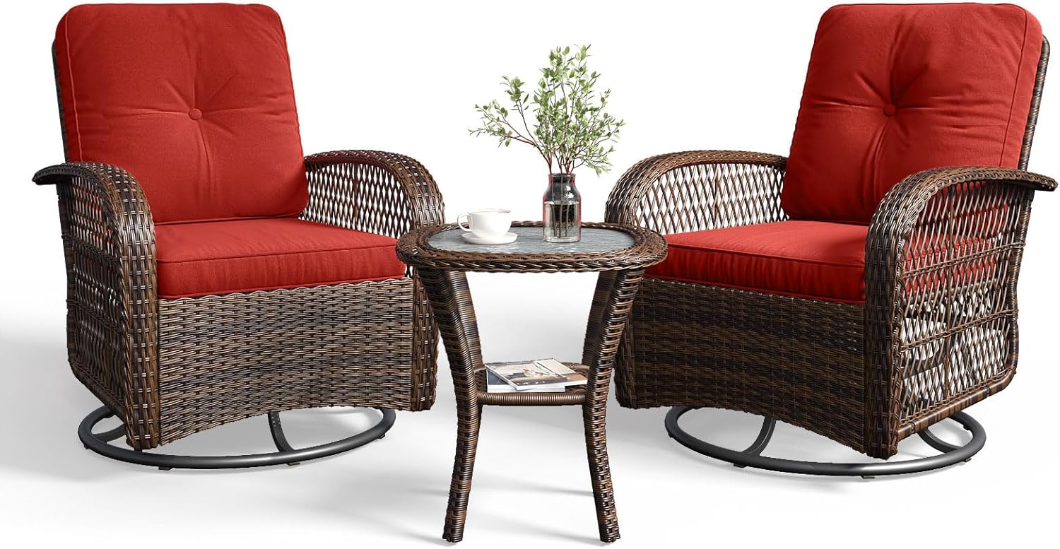  3 Pieces Patio Furniture Set, Patio Swivel Rocker Chairs Set of 2, Wicker Outdoor Bistro Set with Rocking Chair, Thickened Cushions and Table for Porch (Beige)