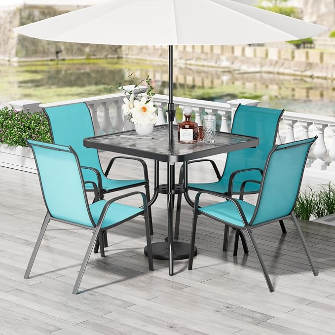Patio Dining Set 5 Pieces, All Weather Outdoor Furniture W/30"X 30" Table and 4 Stackable Textilene Chairs, Metal Table and Chairs for Lawn, Garden, Poolside, Backyard (Umbrella not Included)