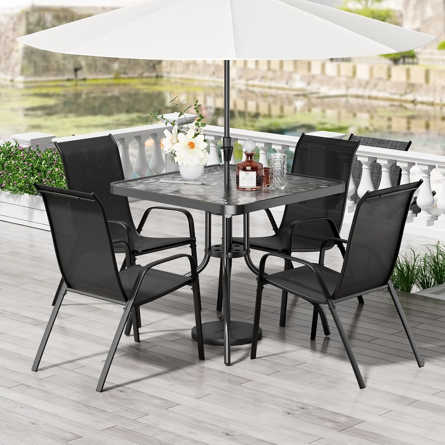 Patio Dining Set 5 Pieces, All Weather Outdoor Furniture W/30"X 30" Table and 4 Stackable Textilene Chairs, Metal Table and Chairs for Lawn, Garden, Poolside, Backyard (Umbrella not Included)