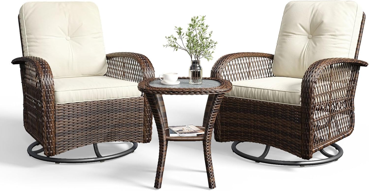  3 Pieces Patio Furniture Set, Patio Swivel Rocker Chairs Set of 2, Wicker Outdoor Bistro Set with Rocking Chair, Thickened Cushions and Table for Porch (Beige)