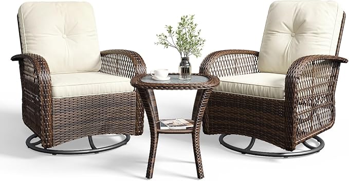  3 Pieces Patio Furniture Set, Patio Swivel Rocker Chairs Set of 2, Wicker Outdoor Bistro Set with Rocking Chair, Thickened Cushions and Table for Porch (Beige)