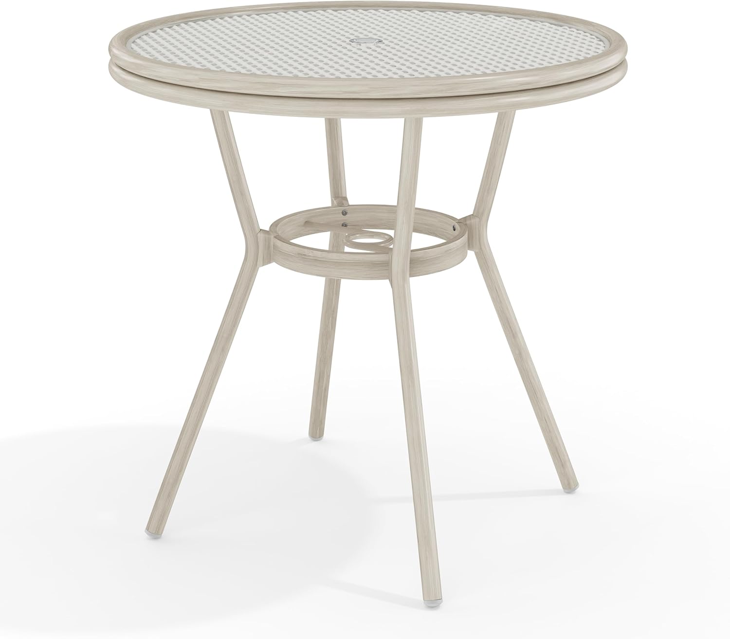  31” Round Indoor-Outdoor Bistro Dining Table with Aluminum Frame in Natural Woodgrain and Rattan Top in White/Navy with Tempered Glass Top