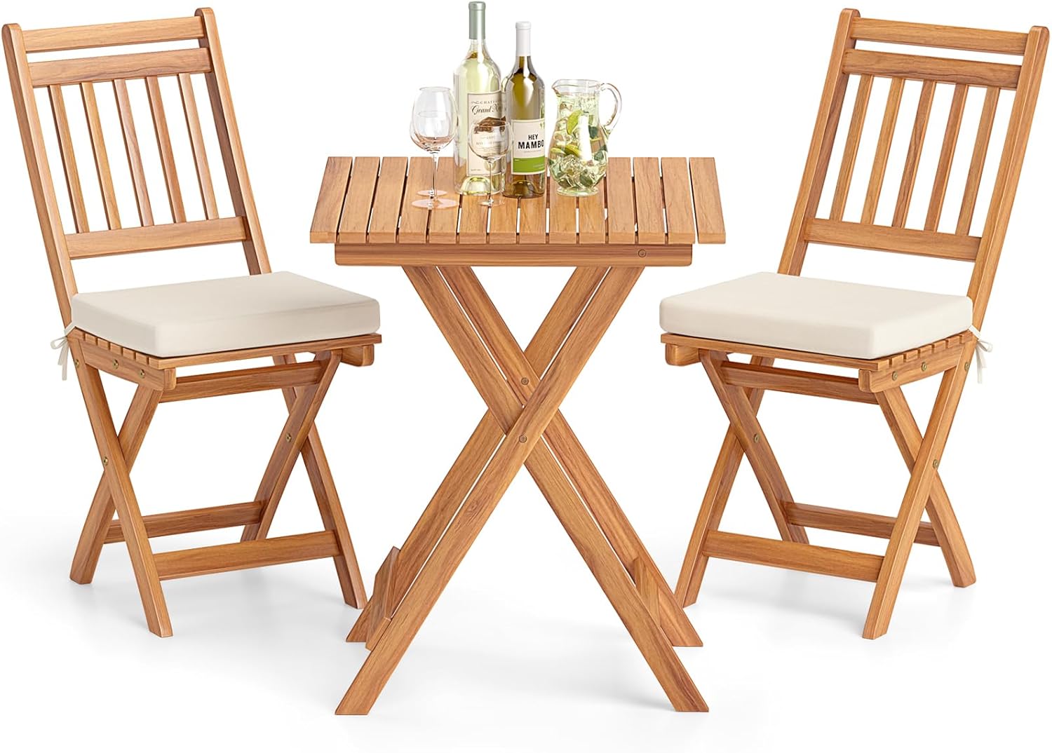  Wood Patio Bistro Set of 3, Outdoor Folding Chair Table Set with Soft Seat Cushions, High Back Armless Chairs with Table, Patio Cushioned Dining Set for Backyard, Poolside (Off White)