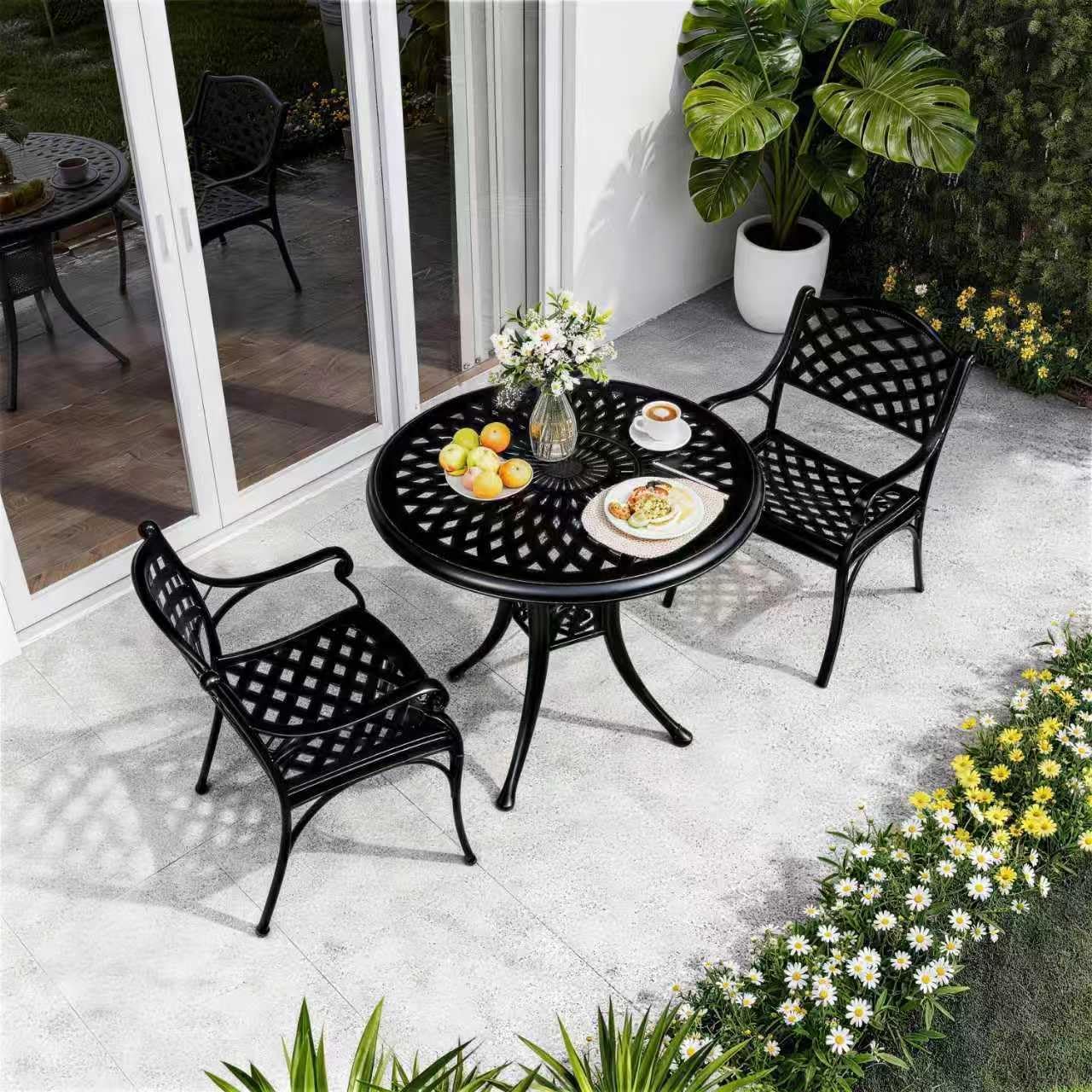 Outdoor Bistro Table and Chairs Set of 2, White Metal Patio Bistro Set, Cast Aluminum Bistro Set 3 Piece Outdoor with Umbrella Hole, 3 Piece Outdoor Bistro Set for Balcony Garden Porch