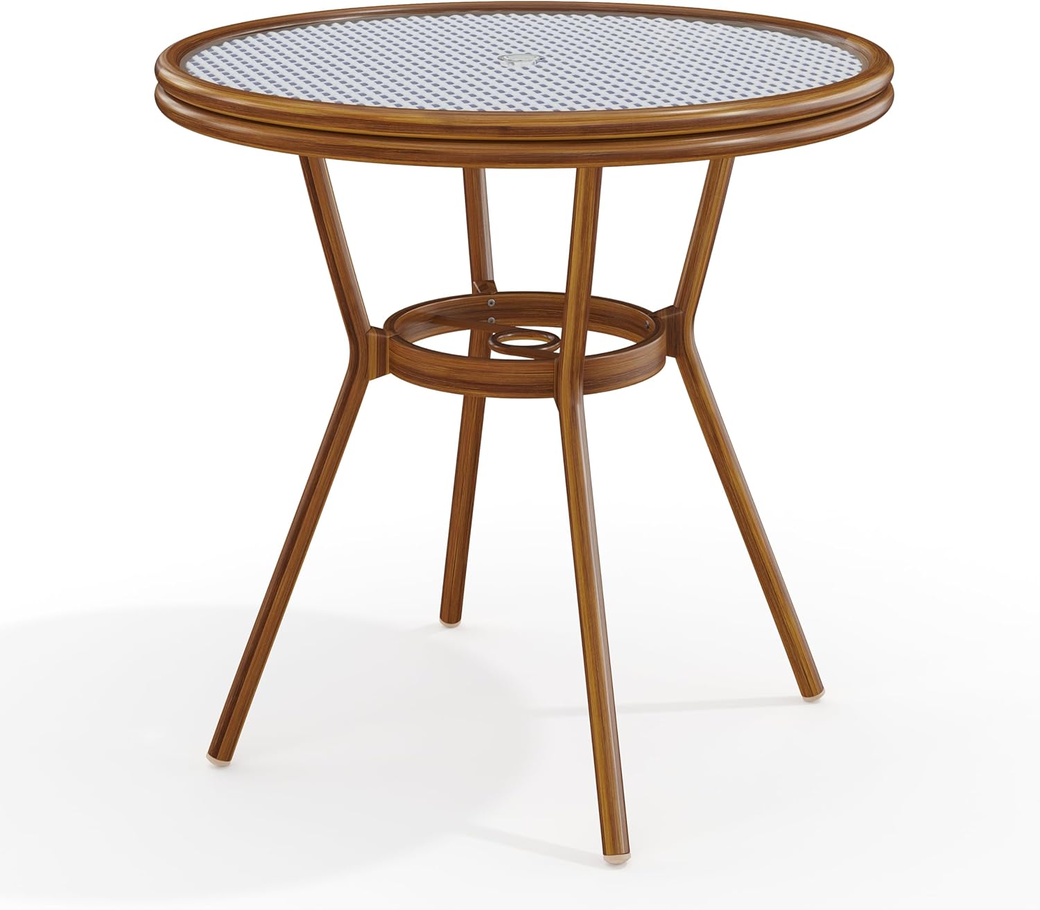  31” Round Indoor-Outdoor Bistro Dining Table with Aluminum Frame in Natural Woodgrain and Rattan Top in White/Navy with Tempered Glass Top