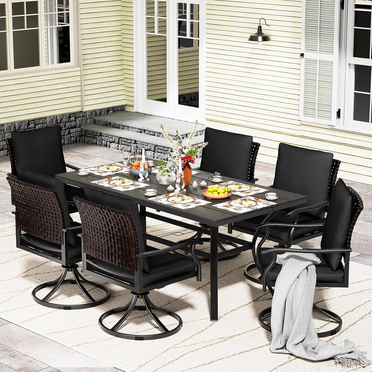 5 Piece Outdoor Patio Dining Set with 4 Swivel Dining Chairs & 1 Large Round Dining Table,Bistro Furniture Set for Lawn, Garden, Deck, Backyard and Porch