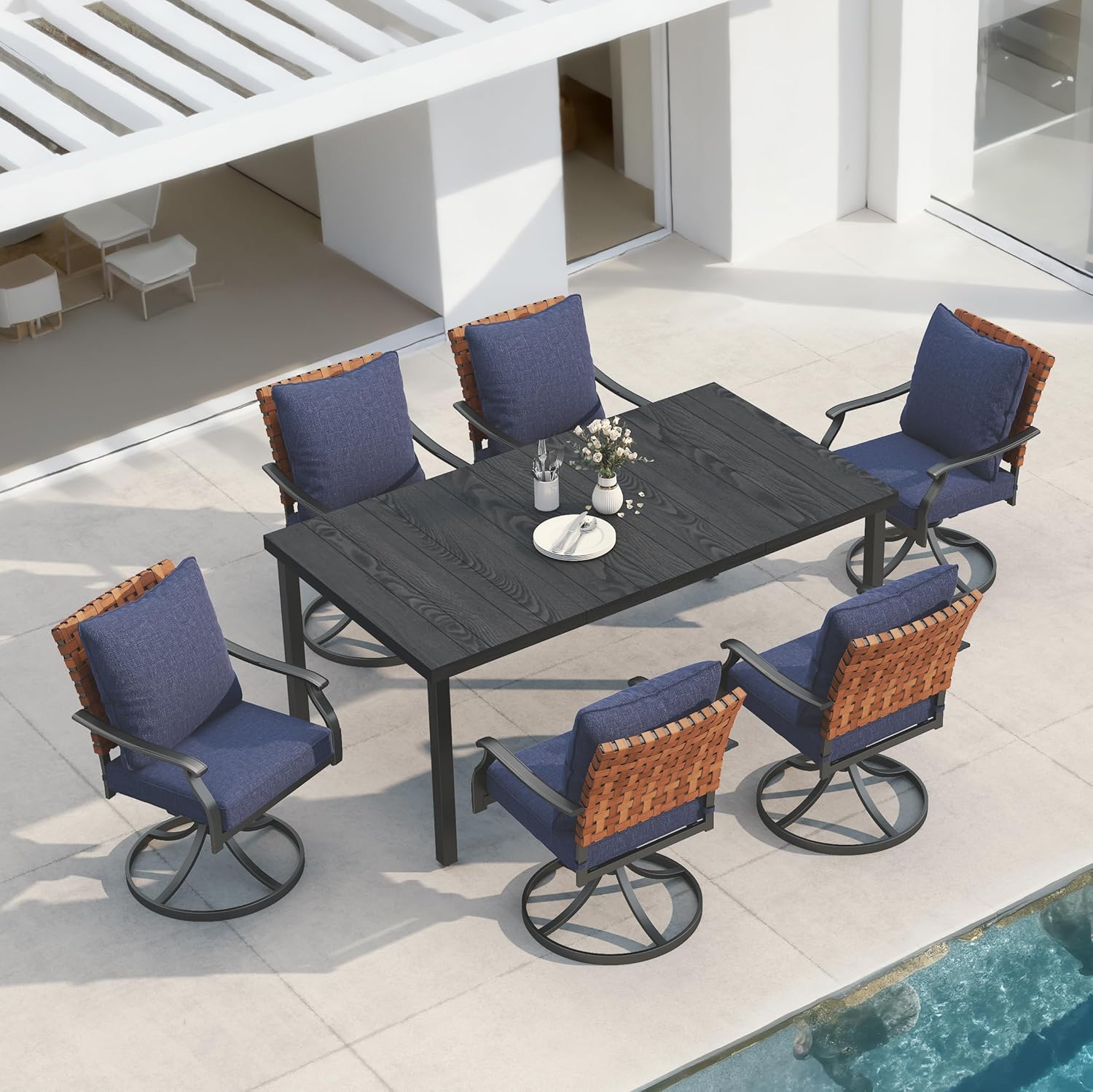 Grand patio 7-Piece Outdoor Dining Set, 6 Leather-Look Wicker Swivel Patio Chairs & 1 Rectangular Dining Table, Black