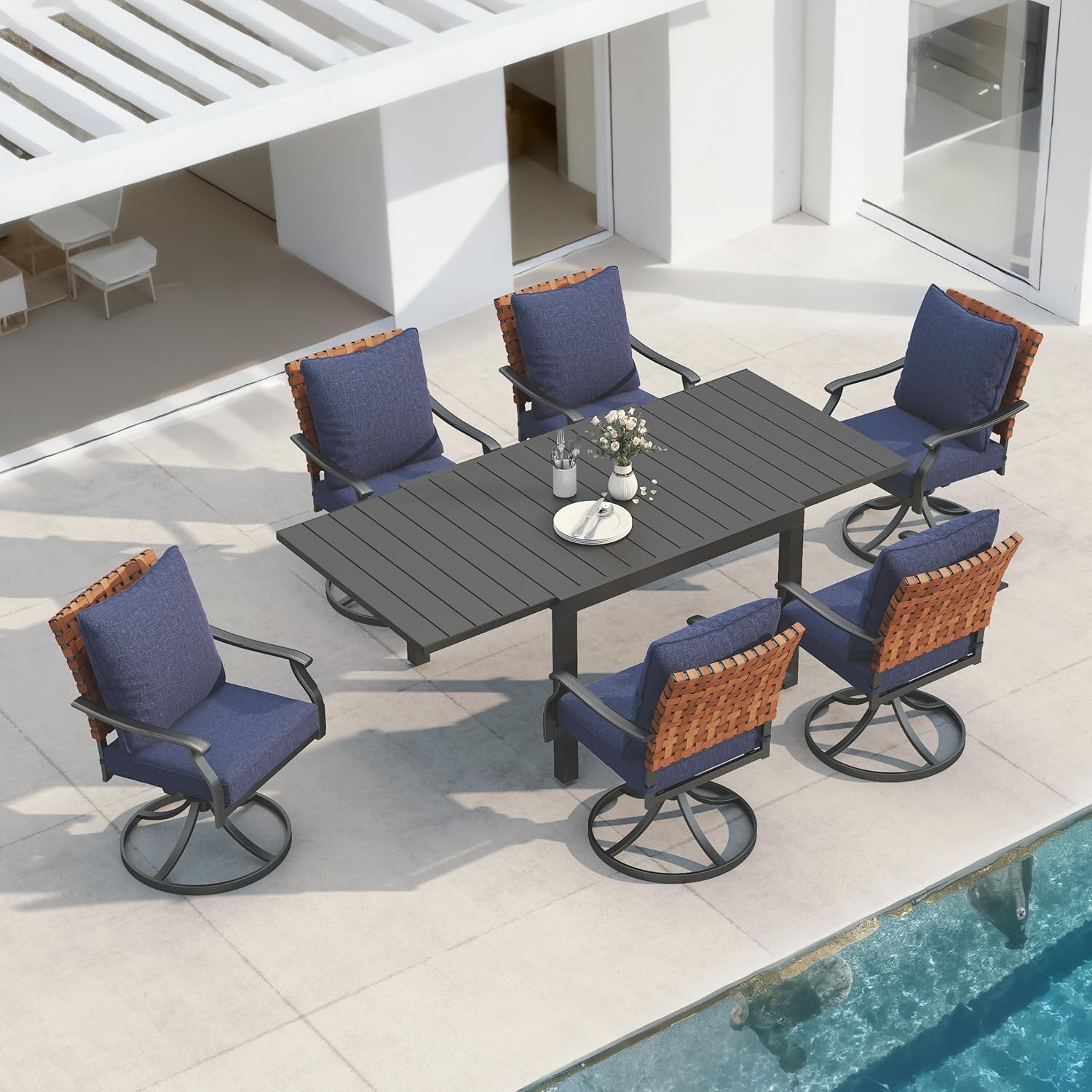 Grand patio 7-Piece Outdoor Dining Set, 6 Leather-Look Wicker Swivel Patio Chairs & 1 Rectangular Dining Table, Black