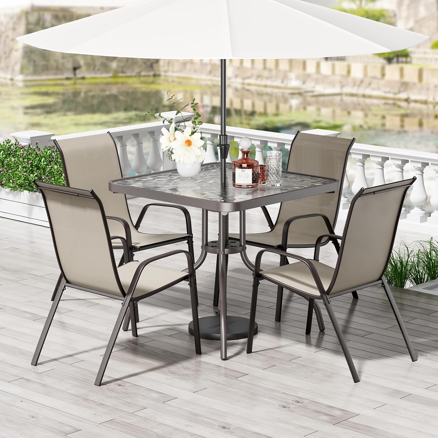 Patio Dining Set 5 Pieces, All Weather Outdoor Furniture W/30"X 30" Table and 4 Stackable Textilene Chairs, Metal Table and Chairs for Lawn, Garden, Poolside, Backyard (Umbrella not Included)