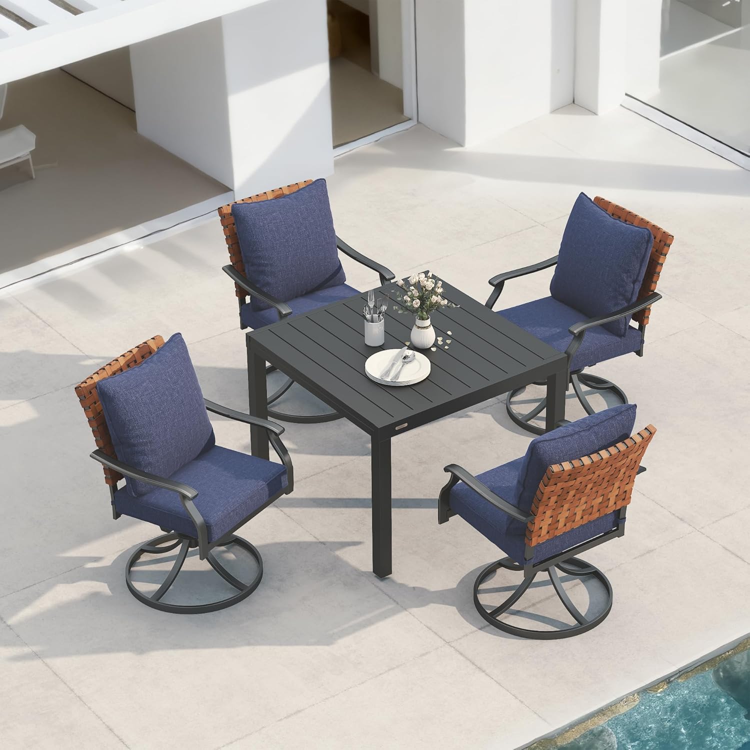 Grand patio 7-Piece Outdoor Dining Set, 6 Leather-Look Wicker Swivel Patio Chairs & 1 Rectangular Dining Table, Black
