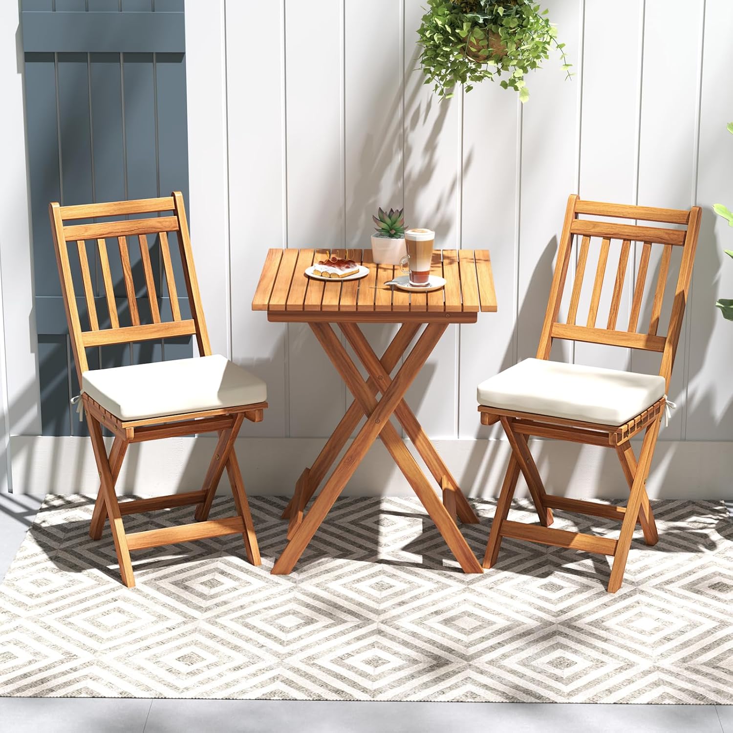  Wood Patio Bistro Set of 3, Outdoor Folding Chair Table Set with Soft Seat Cushions, High Back Armless Chairs with Table, Patio Cushioned Dining Set for Backyard, Poolside (Off White)