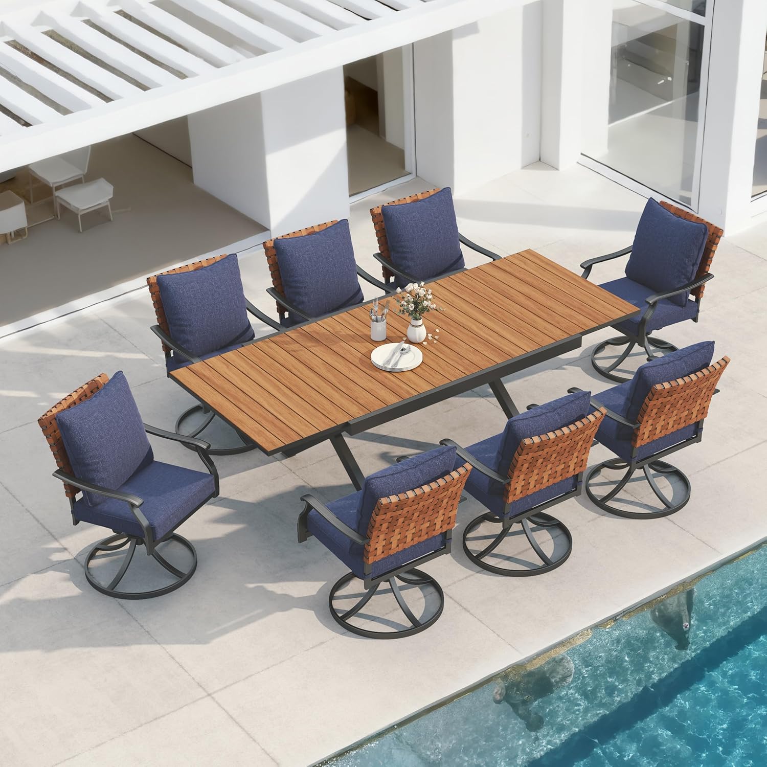 Grand patio 7-Piece Outdoor Dining Set, 6 Leather-Look Wicker Swivel Patio Chairs & 1 Rectangular Dining Table, Black