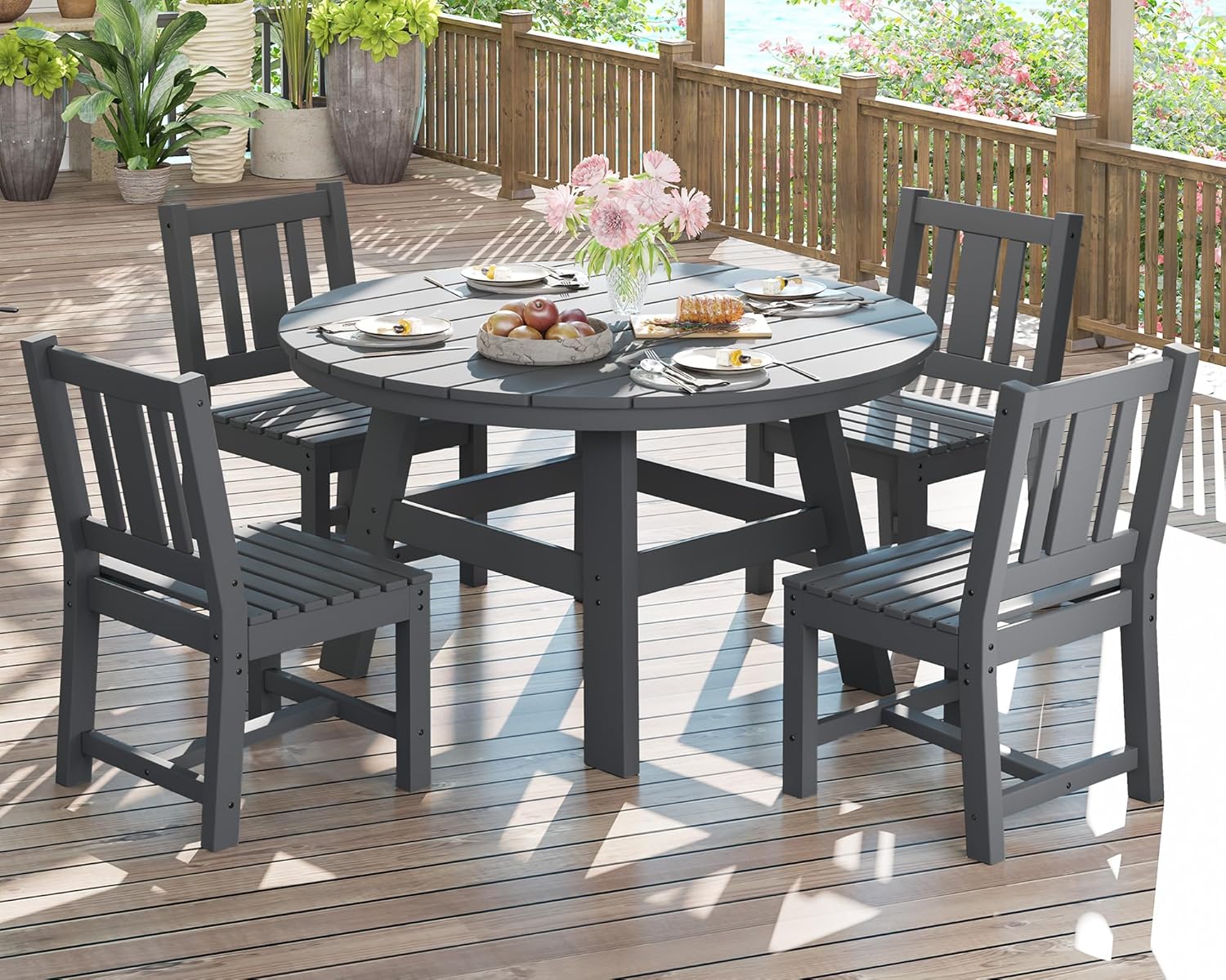 AMERLIFE 5 Piece HDPE Outdoor Dining Table & Chairs Set, All-Weather Patio Table and Chairs Set Furniture with Umbrella Hole for Garden, Backyard, Poolside, Seaside, White