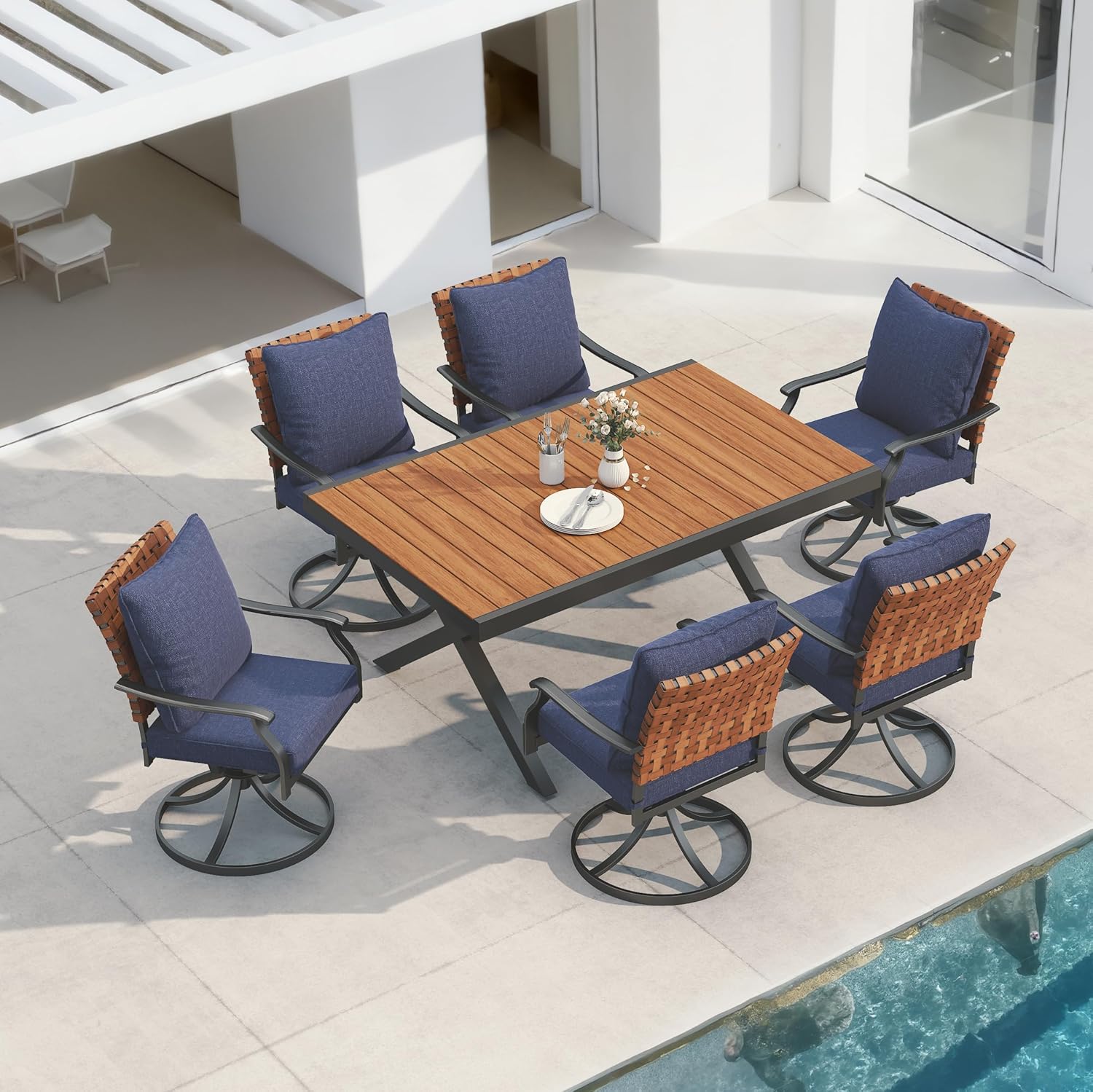 Grand patio 7-Piece Outdoor Dining Set, 6 Leather-Look Wicker Swivel Patio Chairs & 1 Rectangular Dining Table, Black