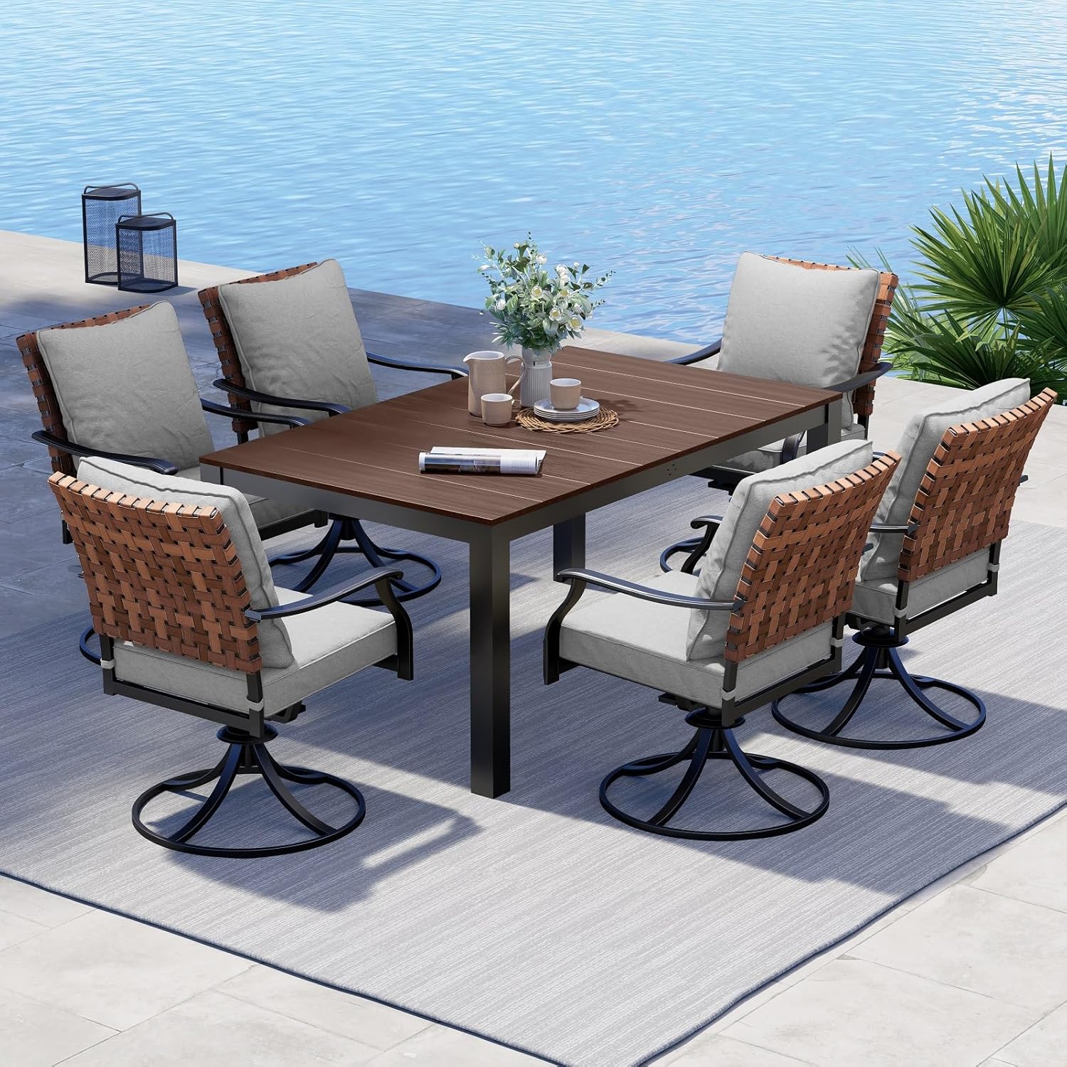 Grand patio 7-Piece Outdoor Dining Set, 6 Leather-Look Wicker Swivel Patio Chairs & 1 Rectangular Dining Table, Black