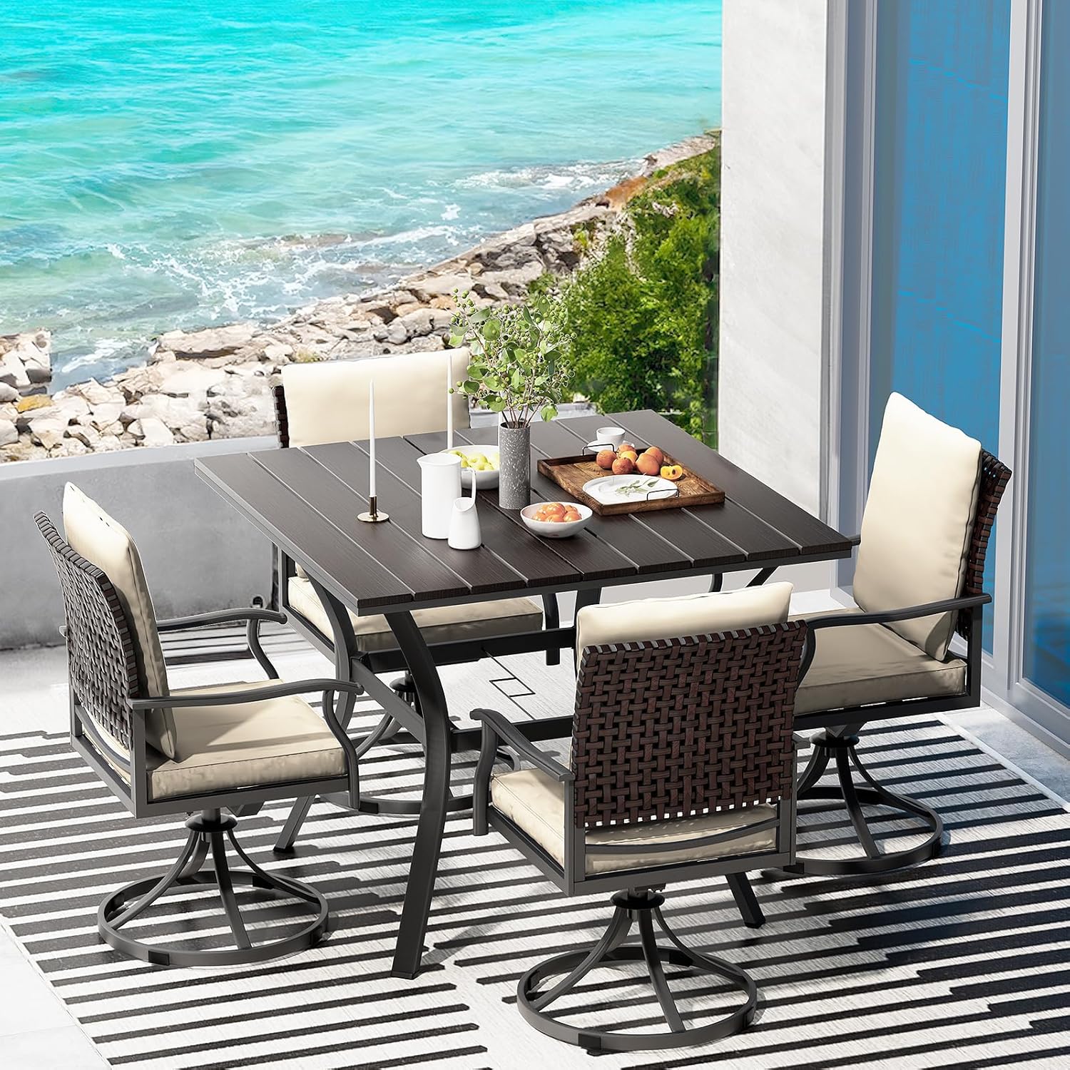 5 Piece Outdoor Patio Dining Set with 4 Swivel Dining Chairs & 1 Large Round Dining Table,Bistro Furniture Set for Lawn, Garden, Deck, Backyard and Porch
