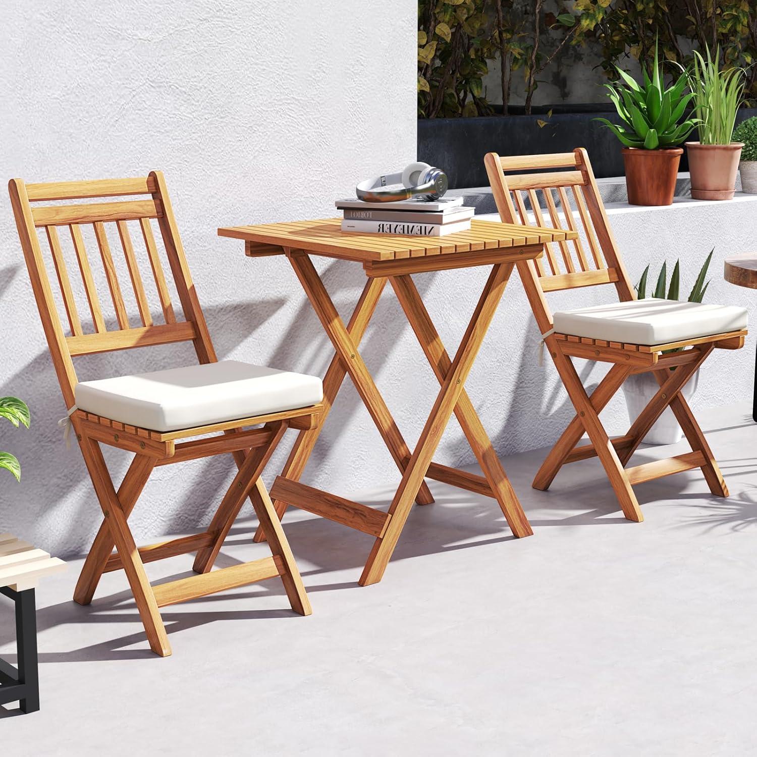  Wood Patio Bistro Set of 3, Outdoor Folding Chair Table Set with Soft Seat Cushions, High Back Armless Chairs with Table, Patio Cushioned Dining Set for Backyard, Poolside (Off White)