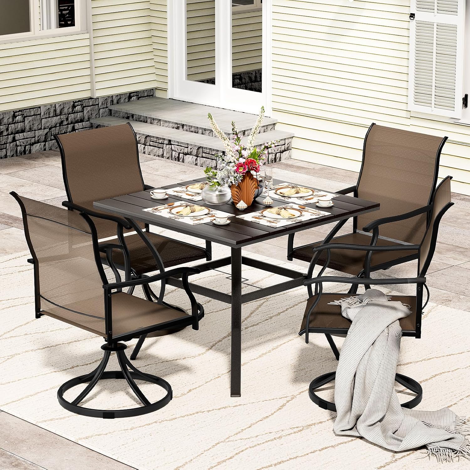 5 Piece Outdoor Patio Dining Set with 4 Swivel Dining Chairs & 1 Large Round Dining Table,Bistro Furniture Set for Lawn, Garden, Deck, Backyard and Porch