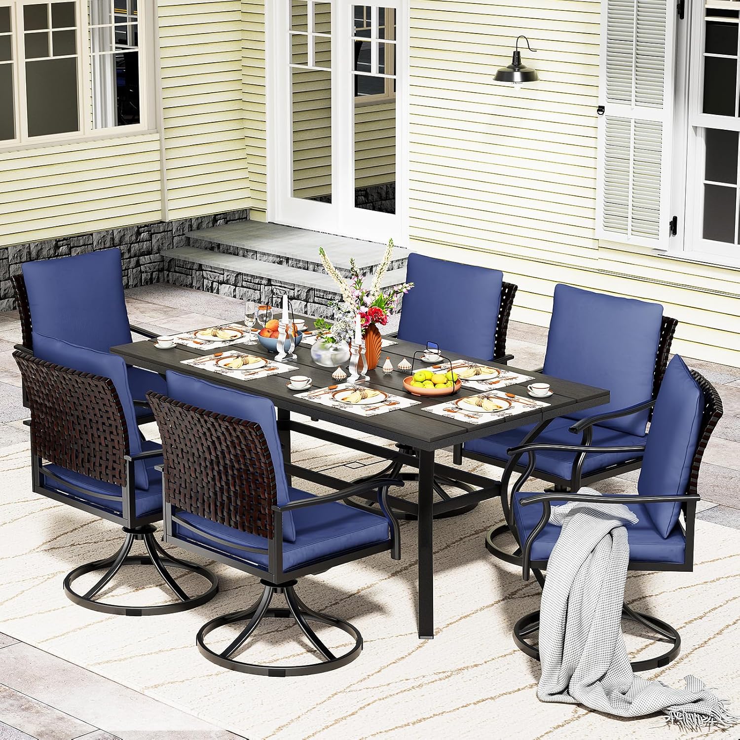 5 Piece Outdoor Patio Dining Set with 4 Swivel Dining Chairs & 1 Large Round Dining Table,Bistro Furniture Set for Lawn, Garden, Deck, Backyard and Porch