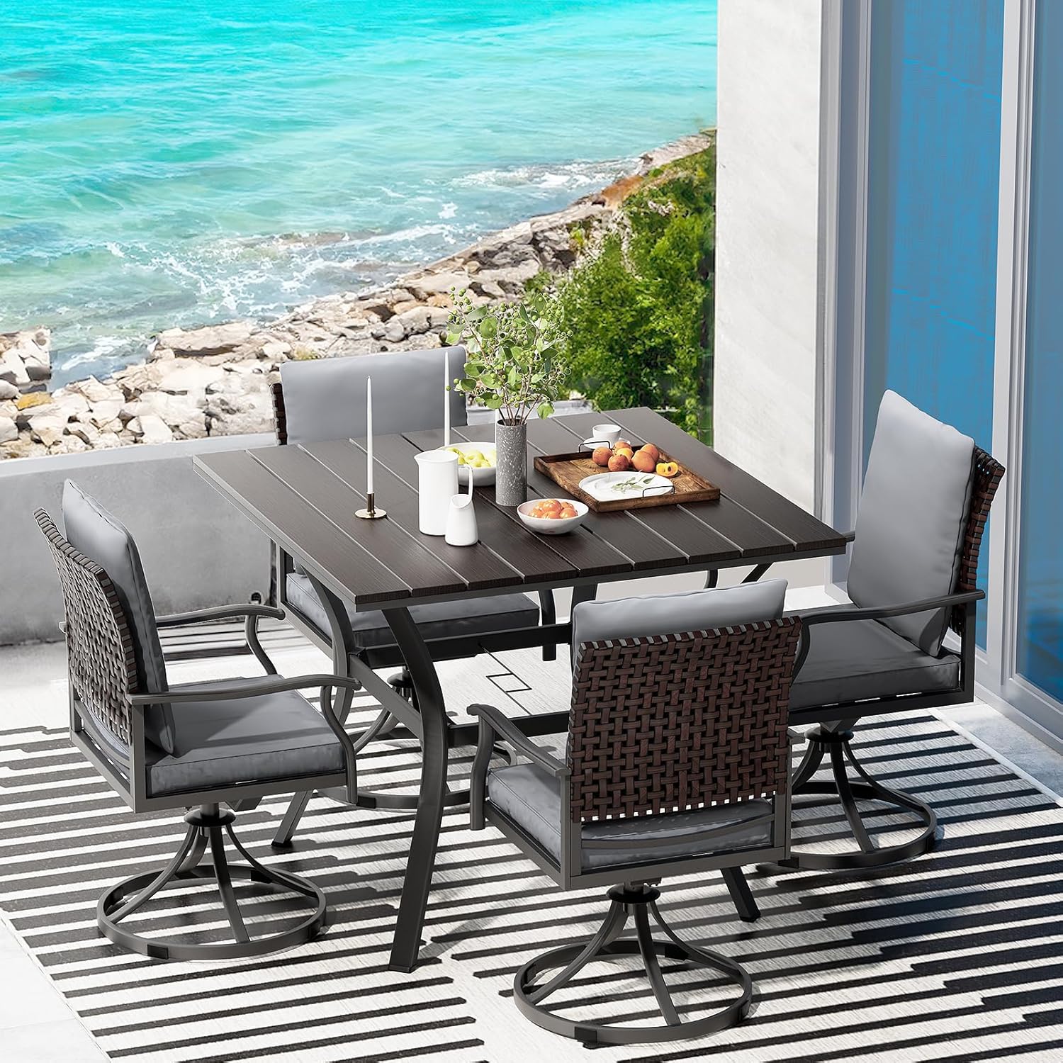 5 Piece Outdoor Patio Dining Set with 4 Swivel Dining Chairs & 1 Large Round Dining Table,Bistro Furniture Set for Lawn, Garden, Deck, Backyard and Porch