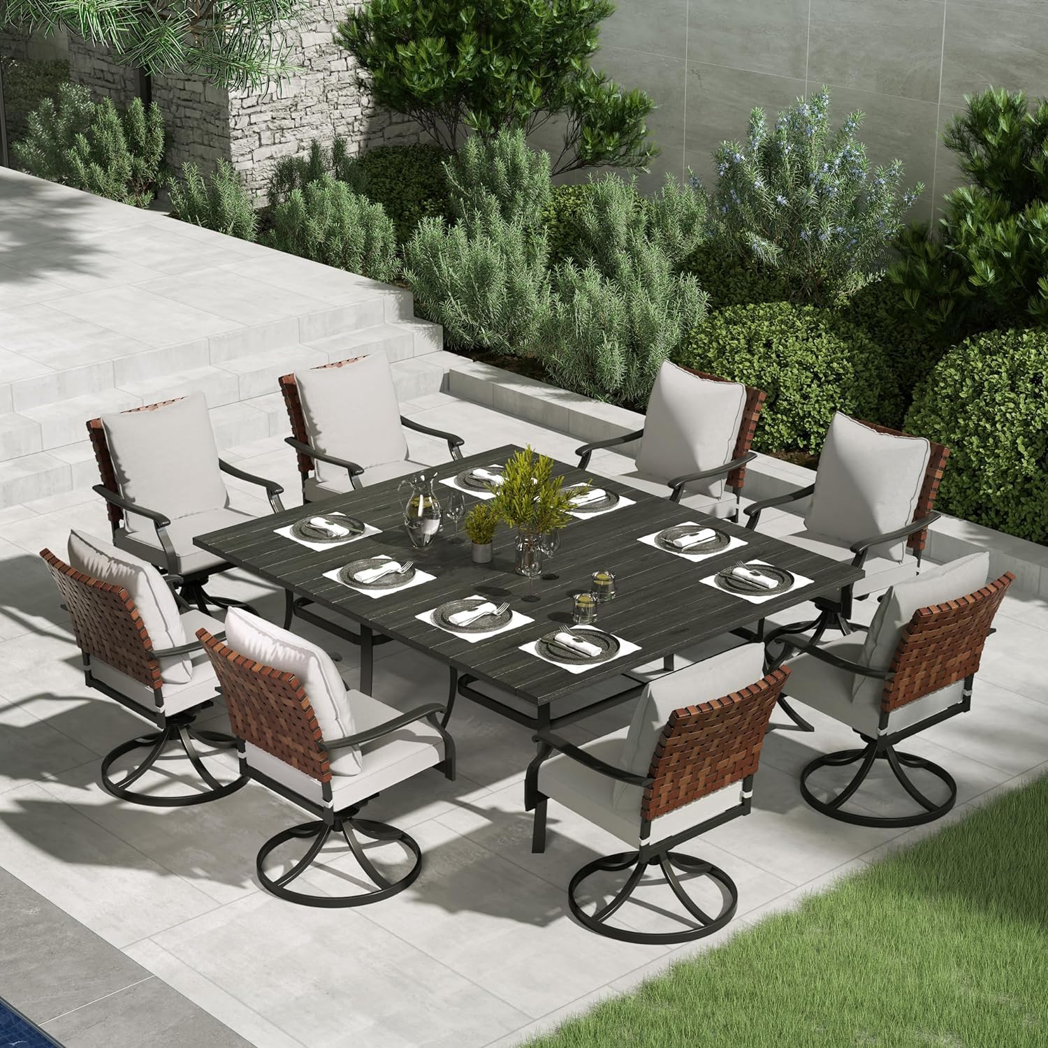 Grand patio 7-Piece Outdoor Dining Set, 6 Leather-Look Wicker Swivel Patio Chairs & 1 Rectangular Dining Table, Black