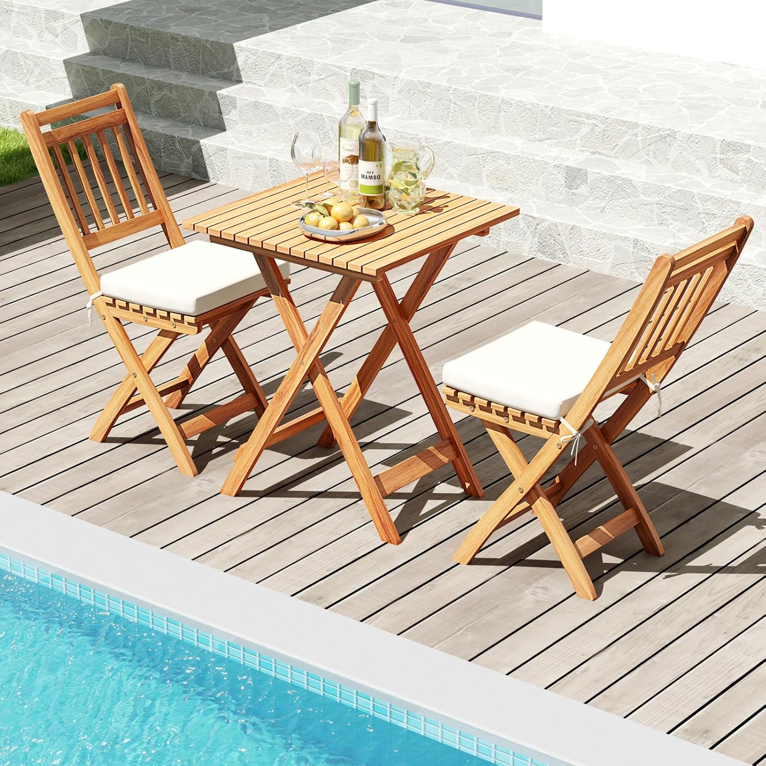  Wood Patio Bistro Set of 3, Outdoor Folding Chair Table Set with Soft Seat Cushions, High Back Armless Chairs with Table, Patio Cushioned Dining Set for Backyard, Poolside (Off White)