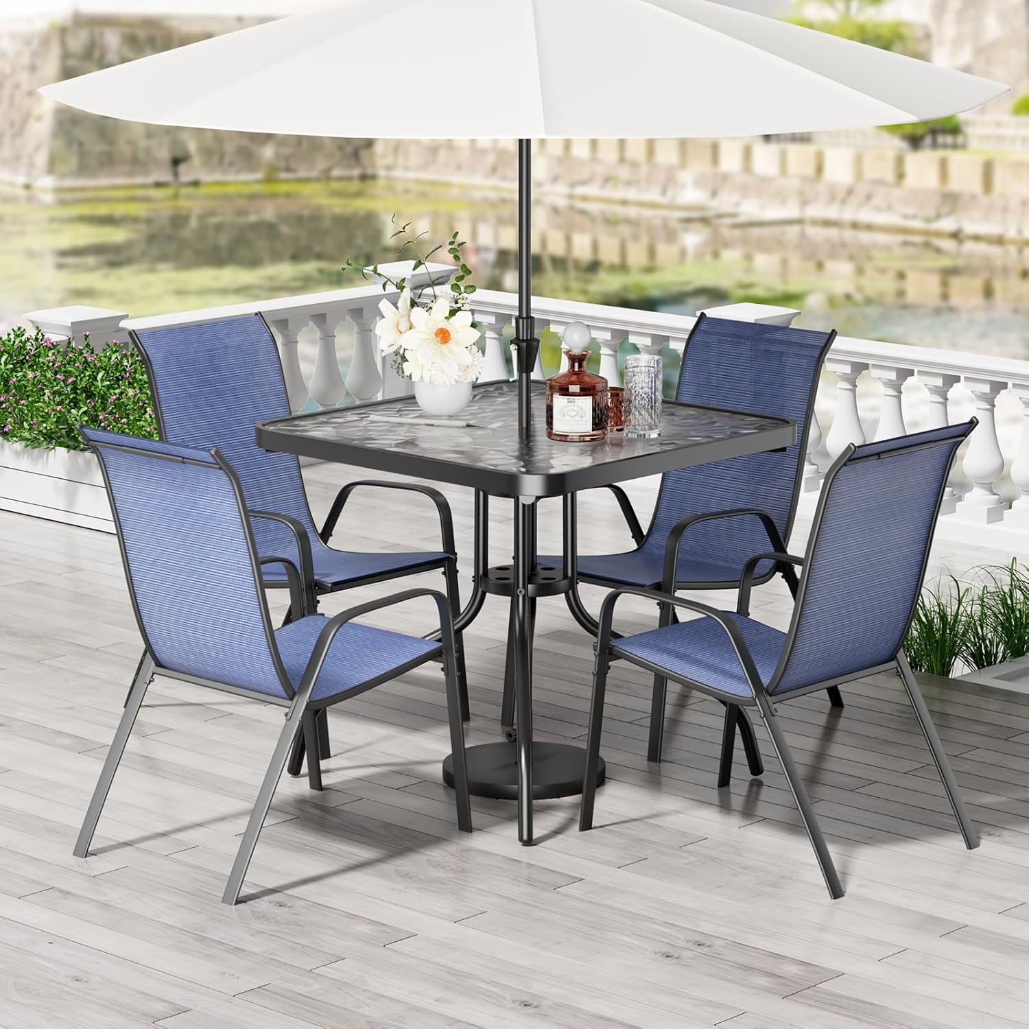Patio Dining Set 5 Pieces, All Weather Outdoor Furniture W/30"X 30" Table and 4 Stackable Textilene Chairs, Metal Table and Chairs for Lawn, Garden, Poolside, Backyard (Umbrella not Included)