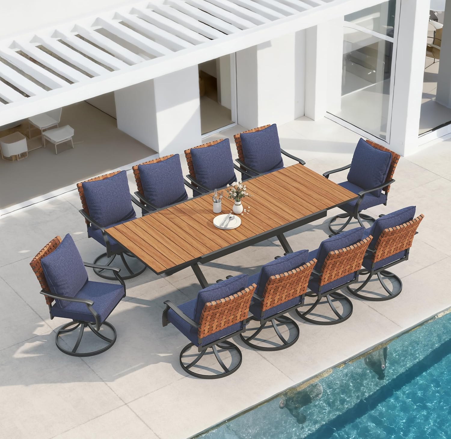 Grand patio 7-Piece Outdoor Dining Set, 6 Leather-Look Wicker Swivel Patio Chairs & 1 Rectangular Dining Table, Black